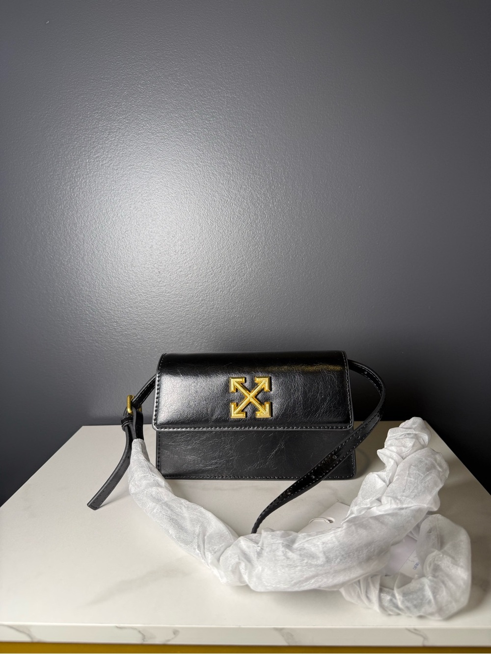 Off-White Black Leather Crossbody with Gold Arrow Emblem